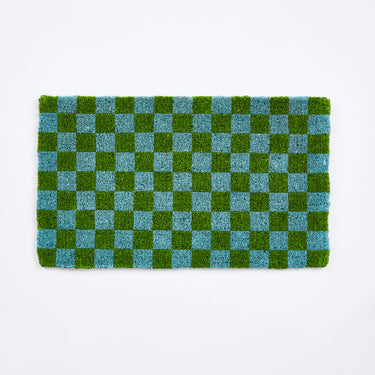 Bonnie and Neil Door Mat | Checkers Blue Green